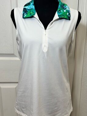 Tommy Bahama White Sleeveless Polo Tank with Teal Green Printed Collar